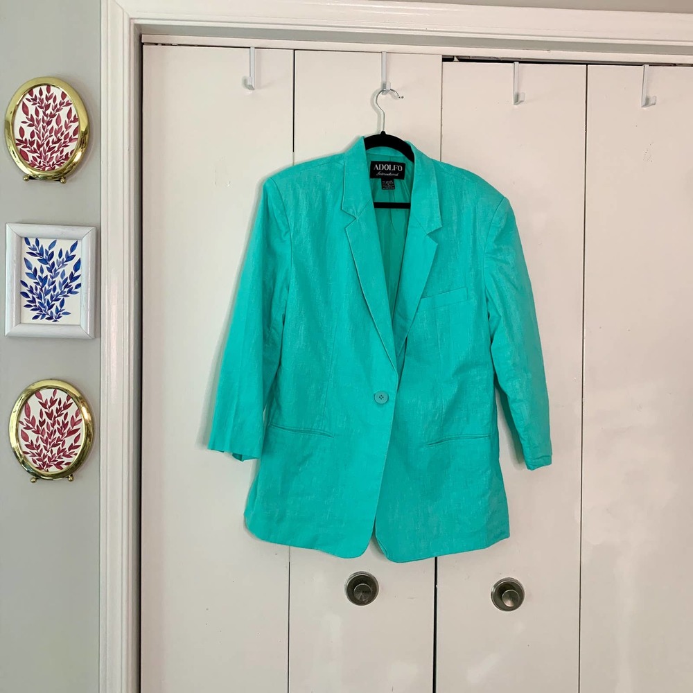 Vintage Turquoise Linen Blazer Size 14